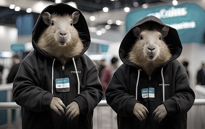 Two guinea pigs in black hoodies with name tags at conference or trade show